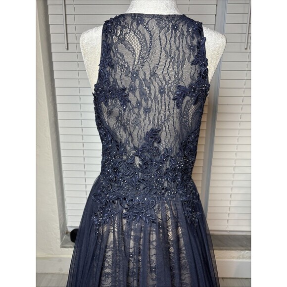 Xscape Navy Blue Lace Beaded tulle overlay Evening Gown Size 8 Formal Prom - Picture 8 of 17